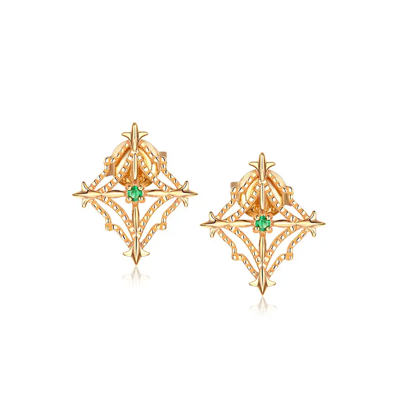 Women's Natural Emerald Retro Diamond Cut Beaded Hollow Stud Earrings