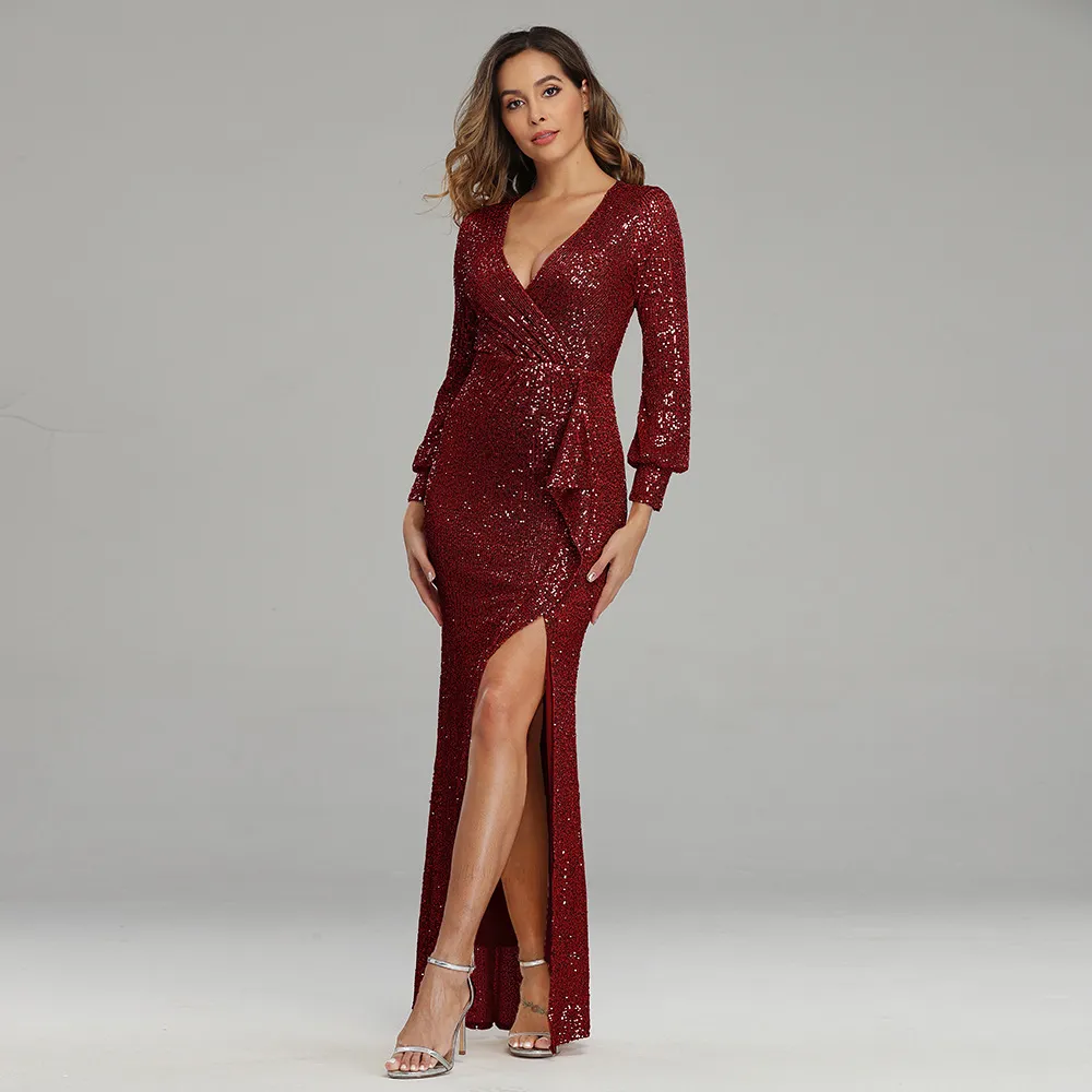 Fantasy Celebrity Sexy High Slit Long Sleeve Sequined Banquet Evening Dress Women - Wine Red