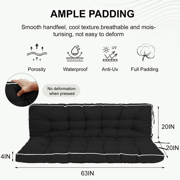 Outdoor Swing Cushions 63 Inch, Waterproof 4in  Thick Porch Swing Cushion Replacement With Backrest And Ties, Comfortable 2-3 Seat Pation Swing Pad For Backyard, Garden, Lawn, Outdoor Furniture-black — foto 2