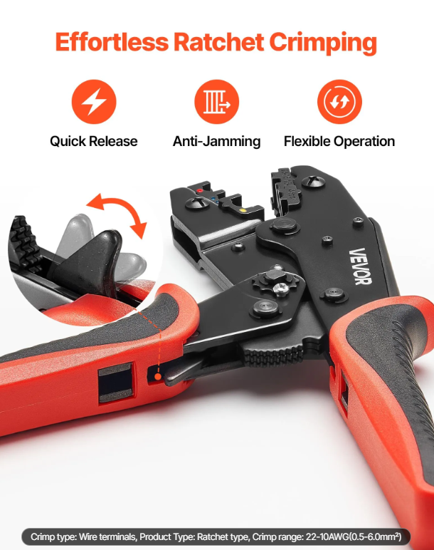 VEVOR Crimping Tool, 22-10 AWG Ratcheting Wire Crimper Tool, Labor-Saving Electrical Terminal Crimp Pliers With Clear Metric & AWG Markings, Quick Release, Adjustable Force For Multiple Terminals 5