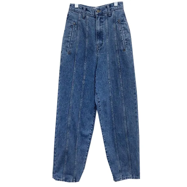 Women's Niche Patchwork Line Retro Straight High Waist Jeans Blue - Shop at LoveMi