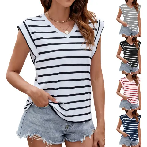 Fashion Stripe Print V-neck Short-sleeved T-Shirt Summer Loose Tank