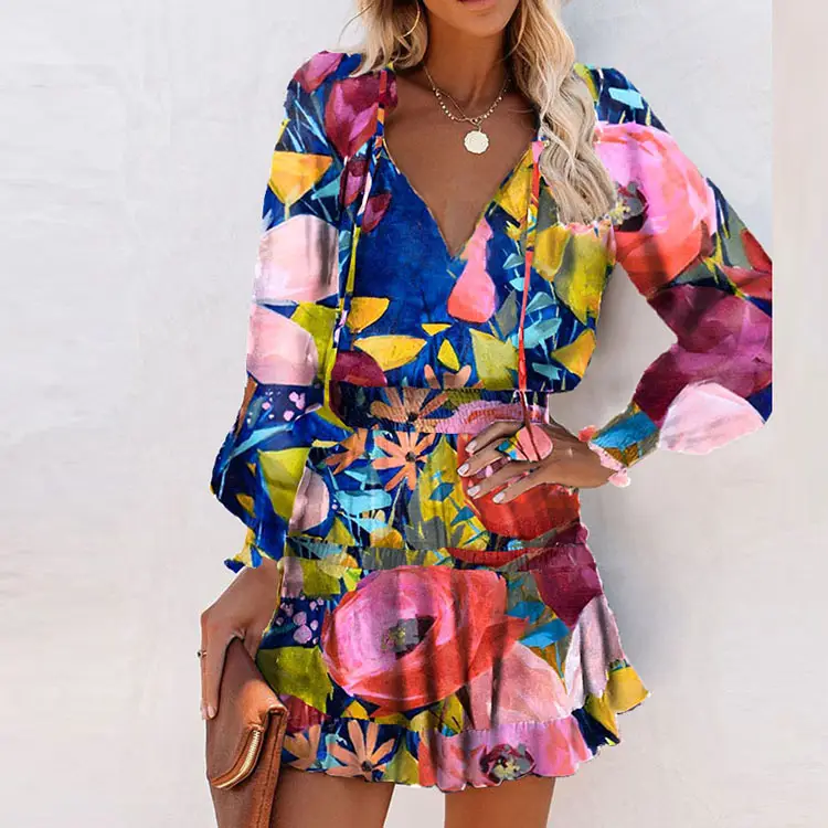 Autumn Graffiti V-neck Lantern Sleeve Temperament Pleated Ruffle Dress