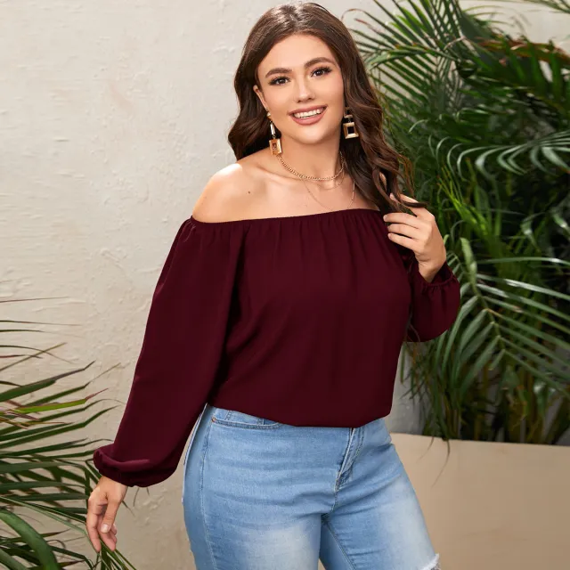 Large Size Women's European And American Solid Color Loose Collar T shirt Wine Red - Shop at LoveMi