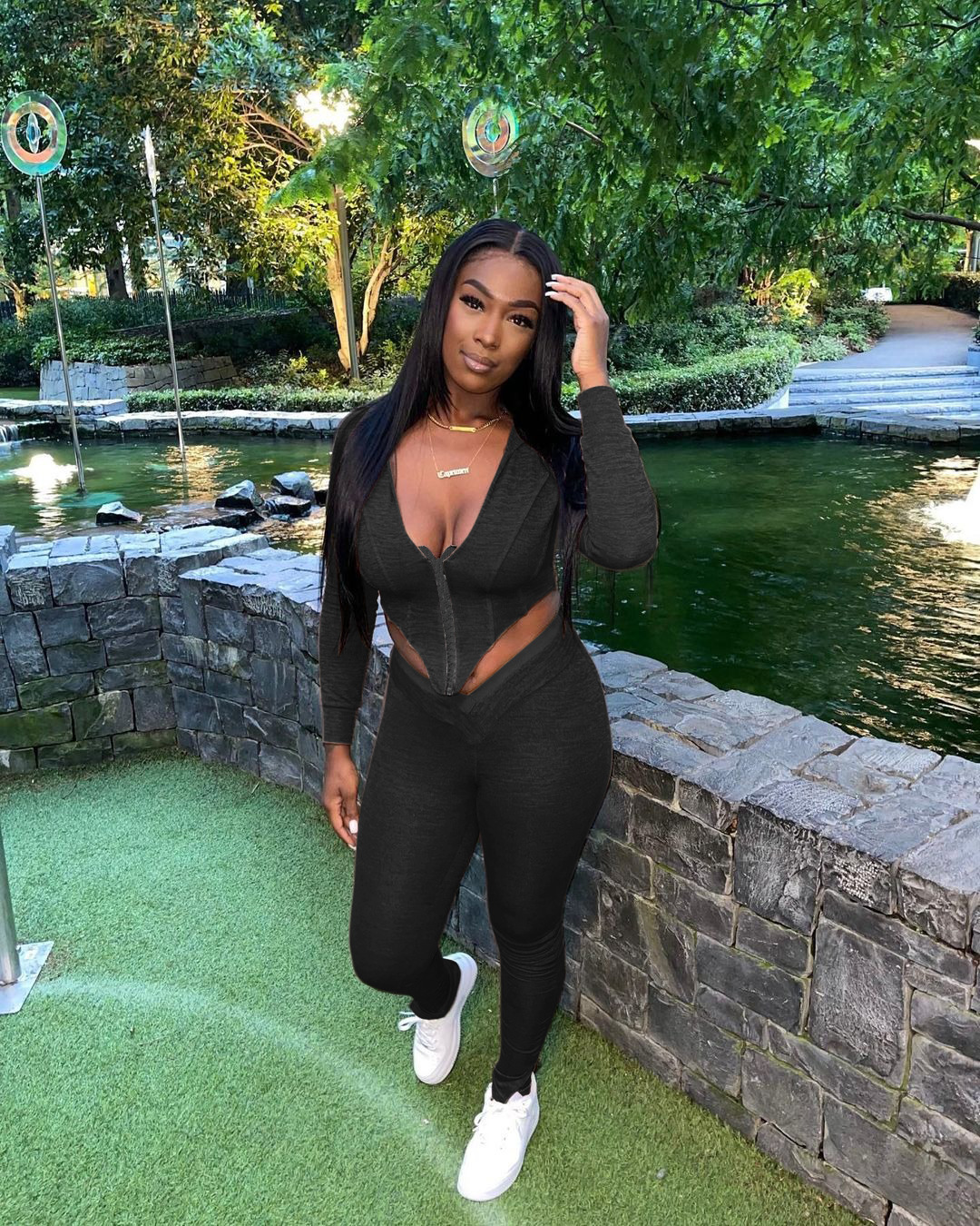 Women's V-shaped Zipper Long Sleeved Hooded Shirt Pants Suit