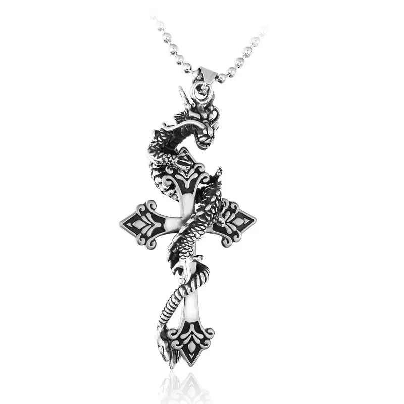 Personalized Retro Ornament Men's Domineering Titanium Steel Dragon Carved Cross Pendant