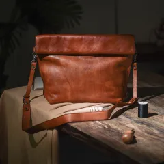 Vintage Vegetable Tanned Leather Handmade Men's Shoulder Bag - Tan - View 1