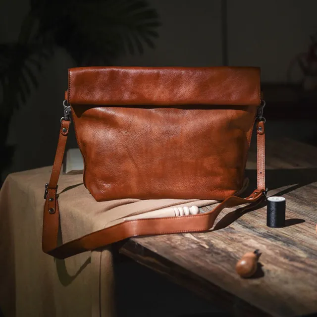 Vintage Vegetable Tanned Leather Handmade Men's Shoulder Bag Tan - Shop at LoveMi