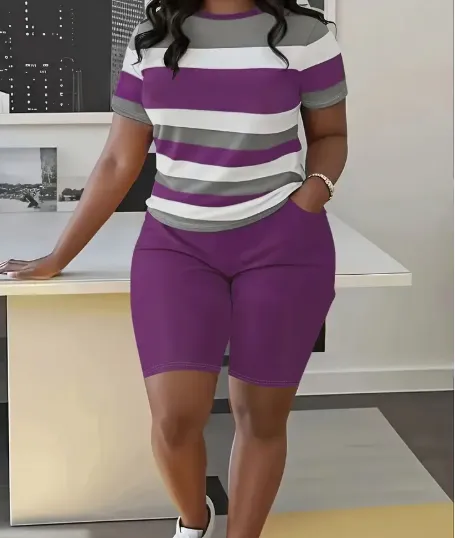 Women's Casual Print Short Sleeve T Shirt And Shorts Set, Comfortable Athletic Loungewear Outfit Purple - Shop at LoveMi