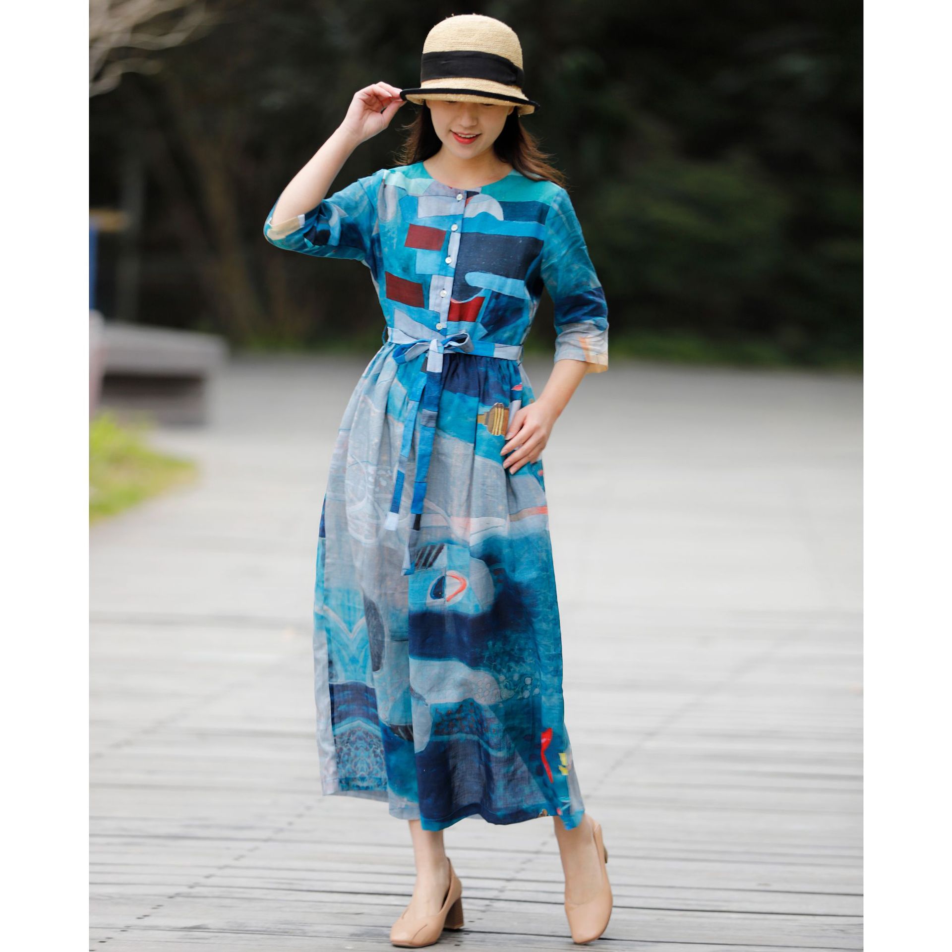 100 Pcs Ramie Print Lace Up Waist Slim Big Swing Dress