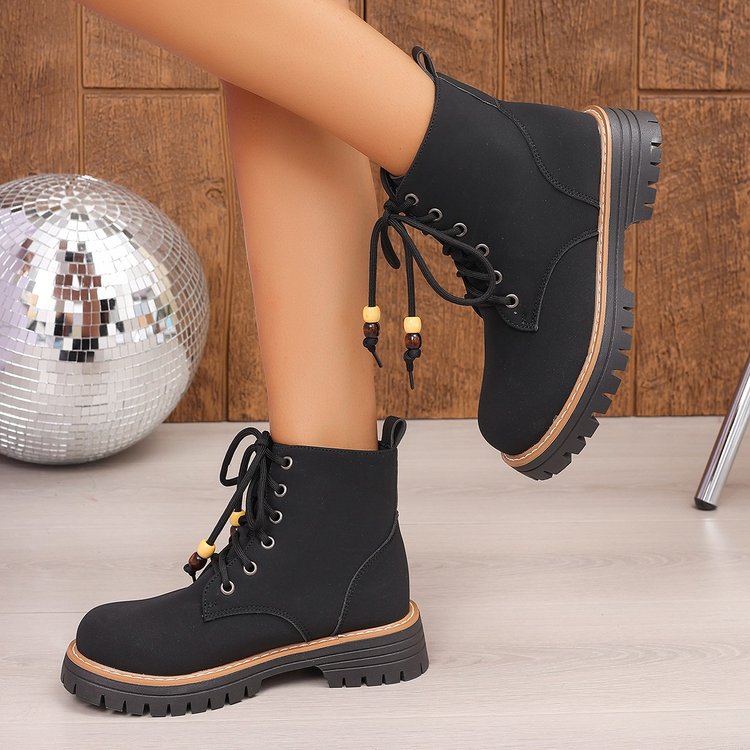 Cross-Border Plus Size Combat Boots Women, Spring Autumn New Arrival British Style Platform Round Toe Lace-Up Beaded Retro Utility Ankle Boots