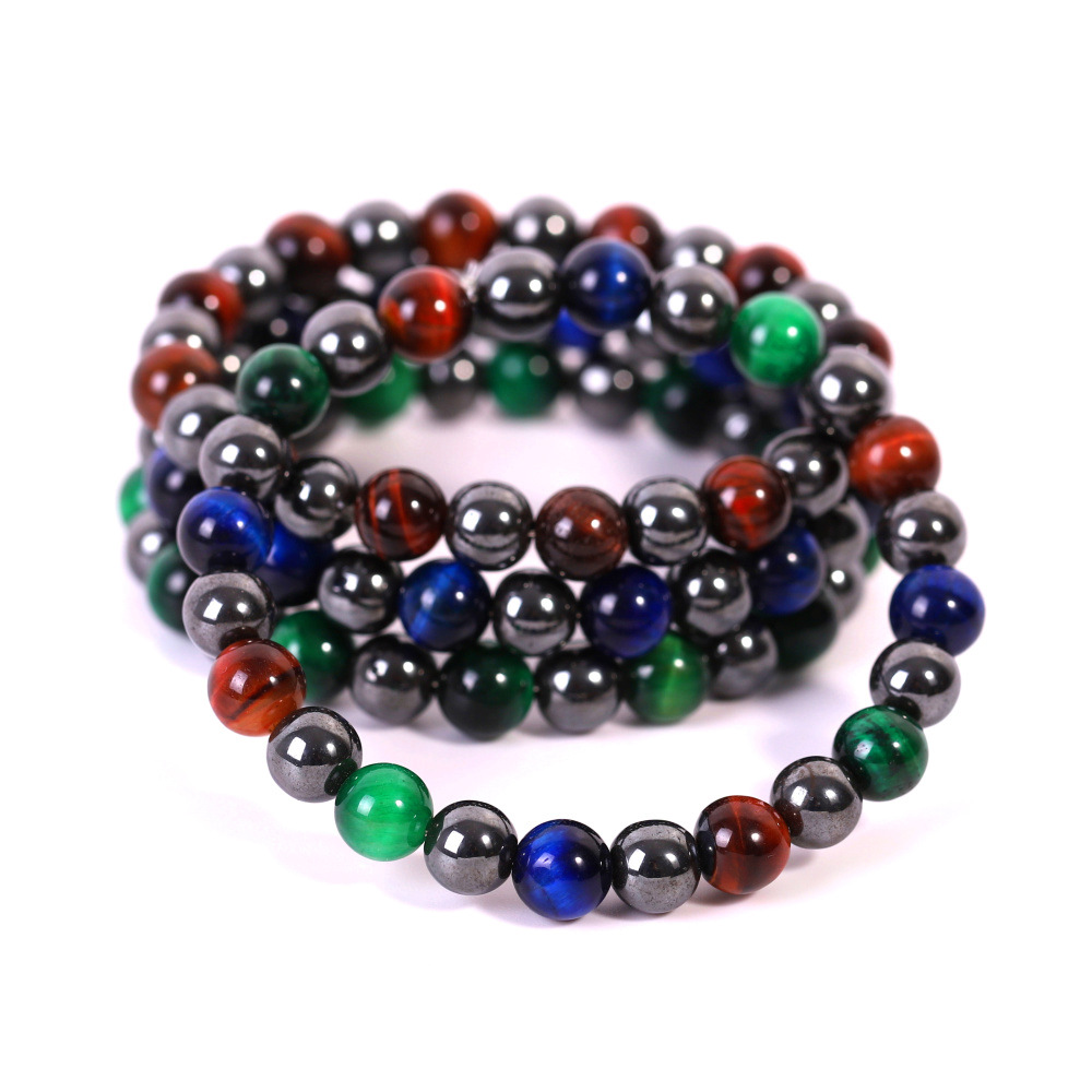 Black Magnet Bright Stone Tricolor Red Green Blue Tigereye Beaded Bracelet