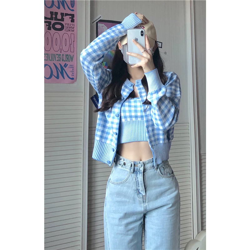 Ladies Fashion New Retro Plaid Knit Jacket