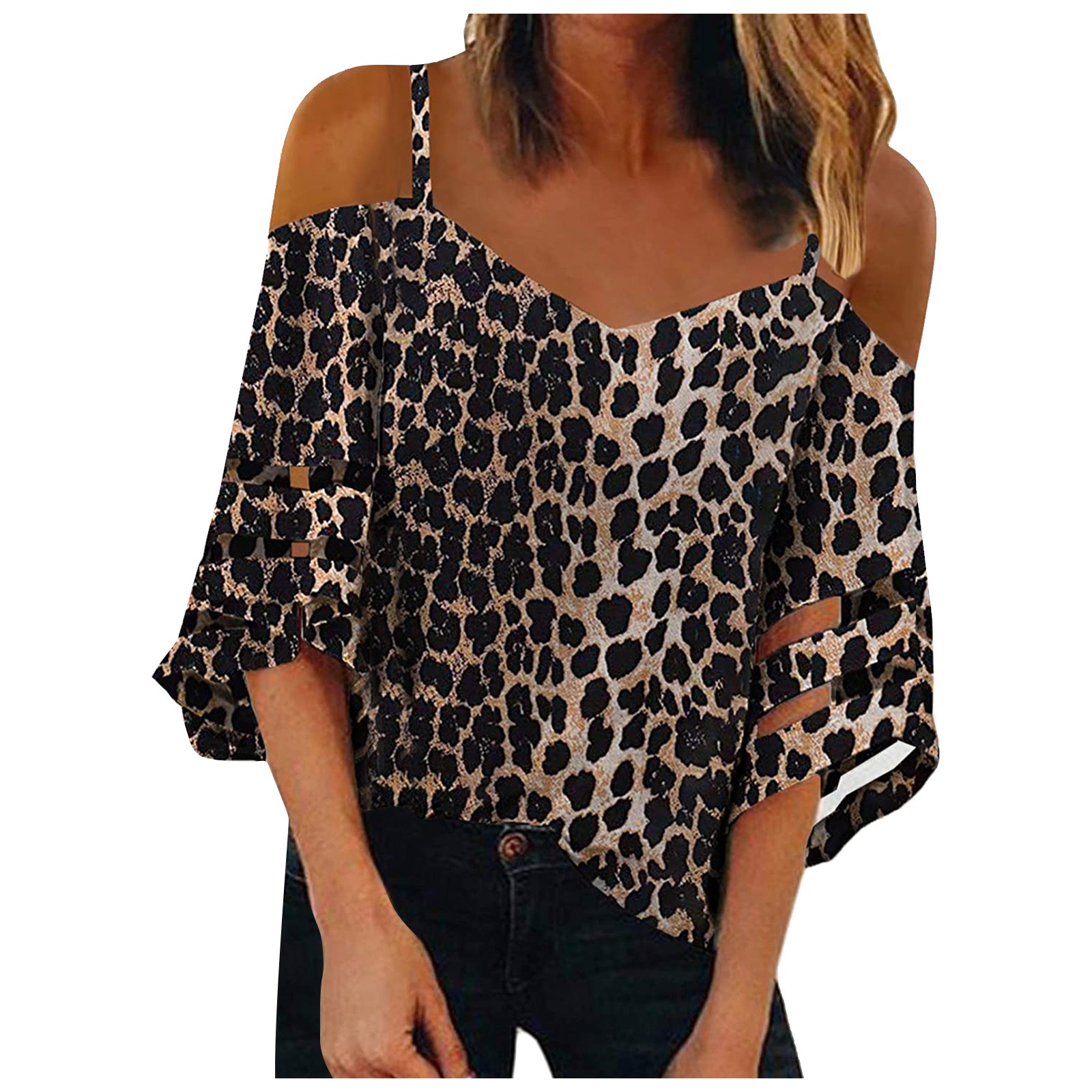 Title 3, Flared Sleeve V-neck Printed Off Shoulder Sling...