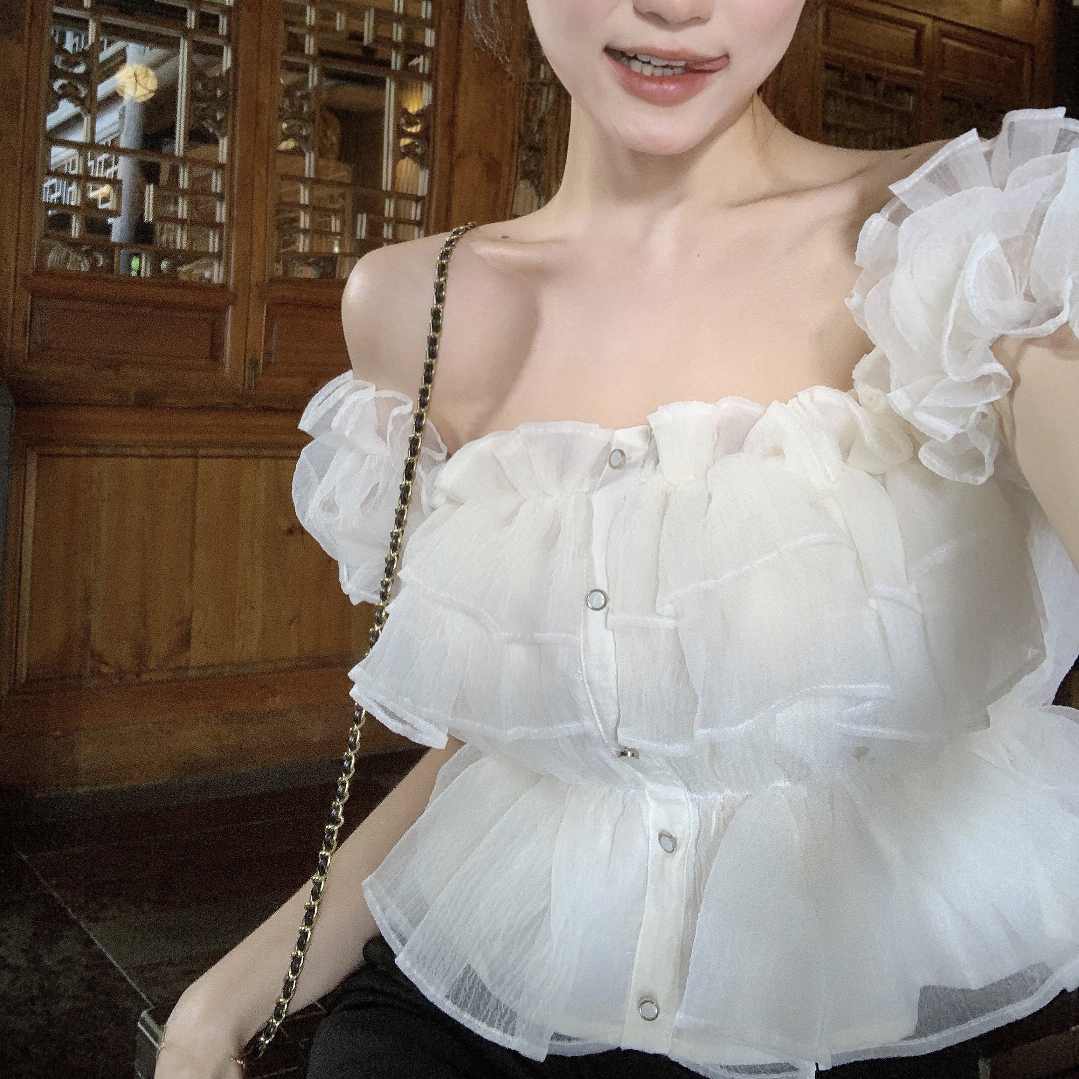 Women's Summer Sweet Spice Puff Sleeve Ruffle Short Sleeve Shirt