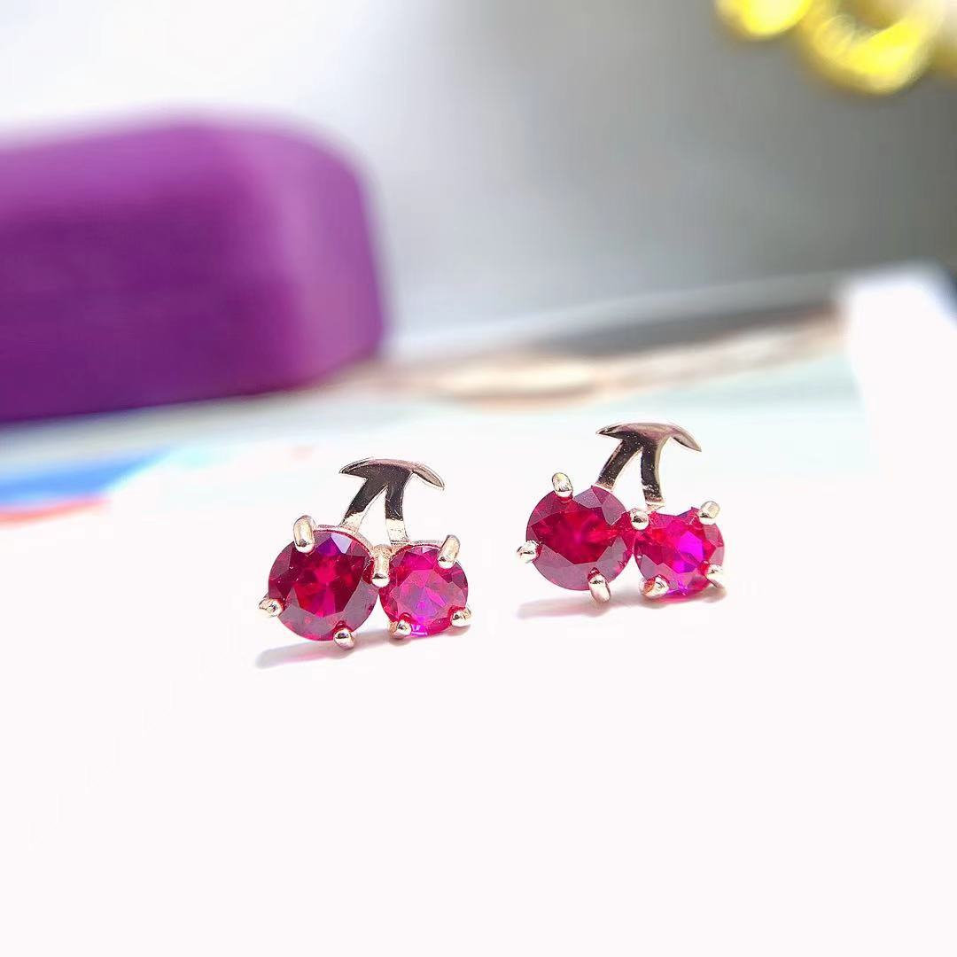 Title 3, Red Corundum Small Cherry 925 Silver Stud Earri...