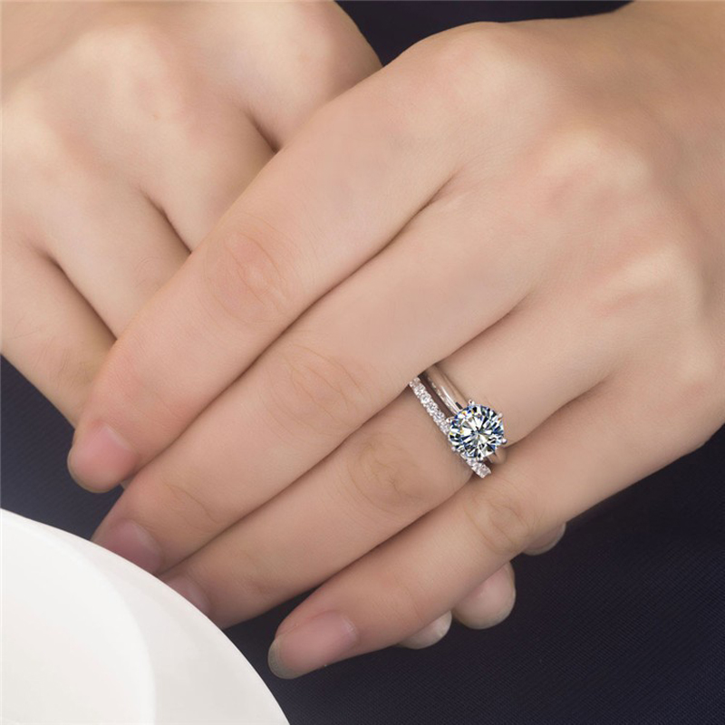 925 Silver Gold-plated Six-claw Ring With Moissanite Female T Carbon Diamond — foto 5