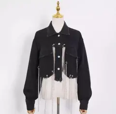 Short Frayed Denim Jacket Women Chain Fashion Style - Black - View 1