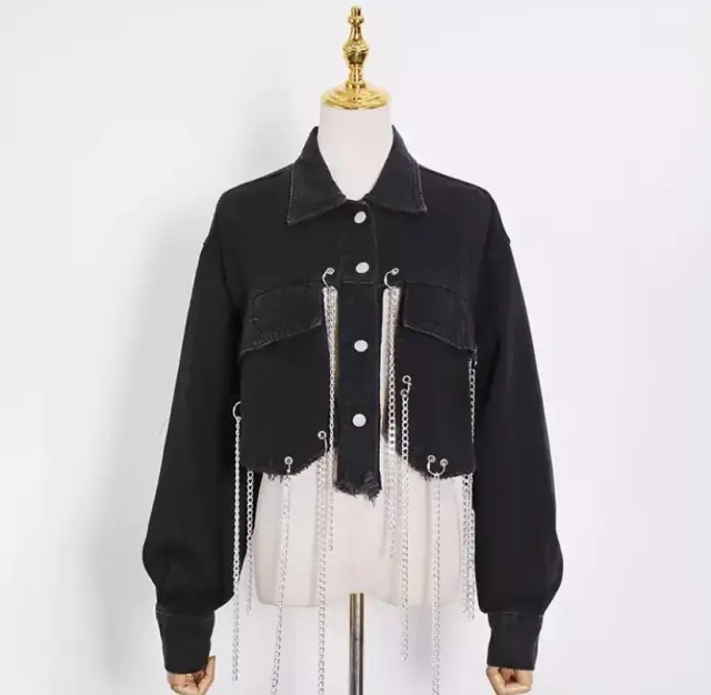Short Frayed Denim Jacket Women Chain Fashion Style Black - Shop at LoveMi