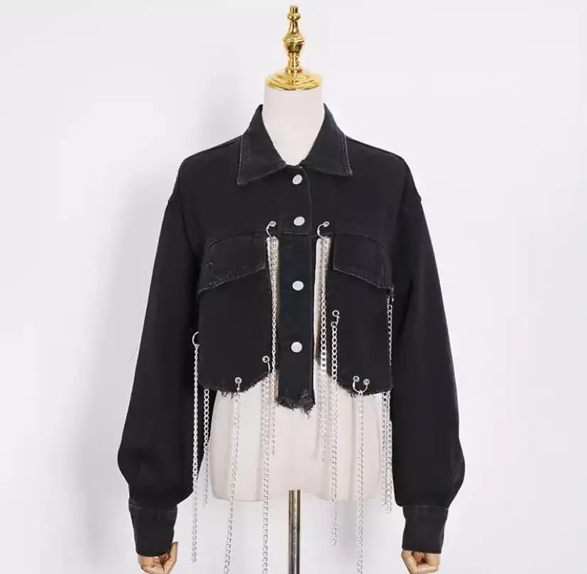 Short Frayed Denim Jacket Women Chain Fashion Style - Black