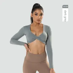 Women's Deep V-neck Slim Fit Breathable Ins Style Yoga Clothes Short Top - Dark Grey - View 1