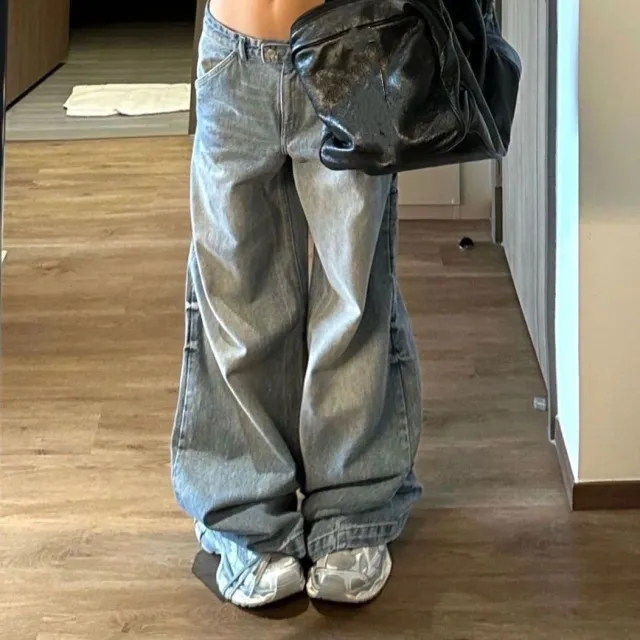 Large Size Washed Wide leg Trousers Women's Mopping Jeans Gray Blue - Shop at LoveMi