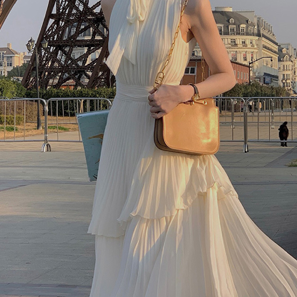 Fashion Pleated Bow Hanging Neck Dress