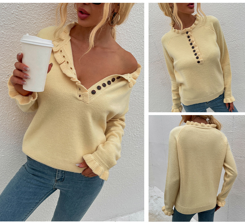 Women's Acrylic Wooden Ear Button Sweater