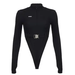 Metal Schoolbag Buckle Design High Neck Long Sleeve Jumpsuit - Black - View 1