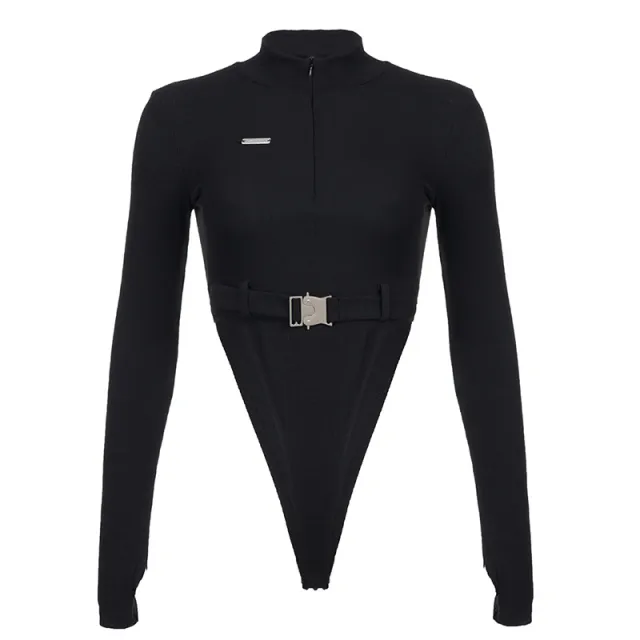 Metal Schoolbag Buckle Design High Neck Long Sleeve Jumpsuit Black - Shop at LoveMi