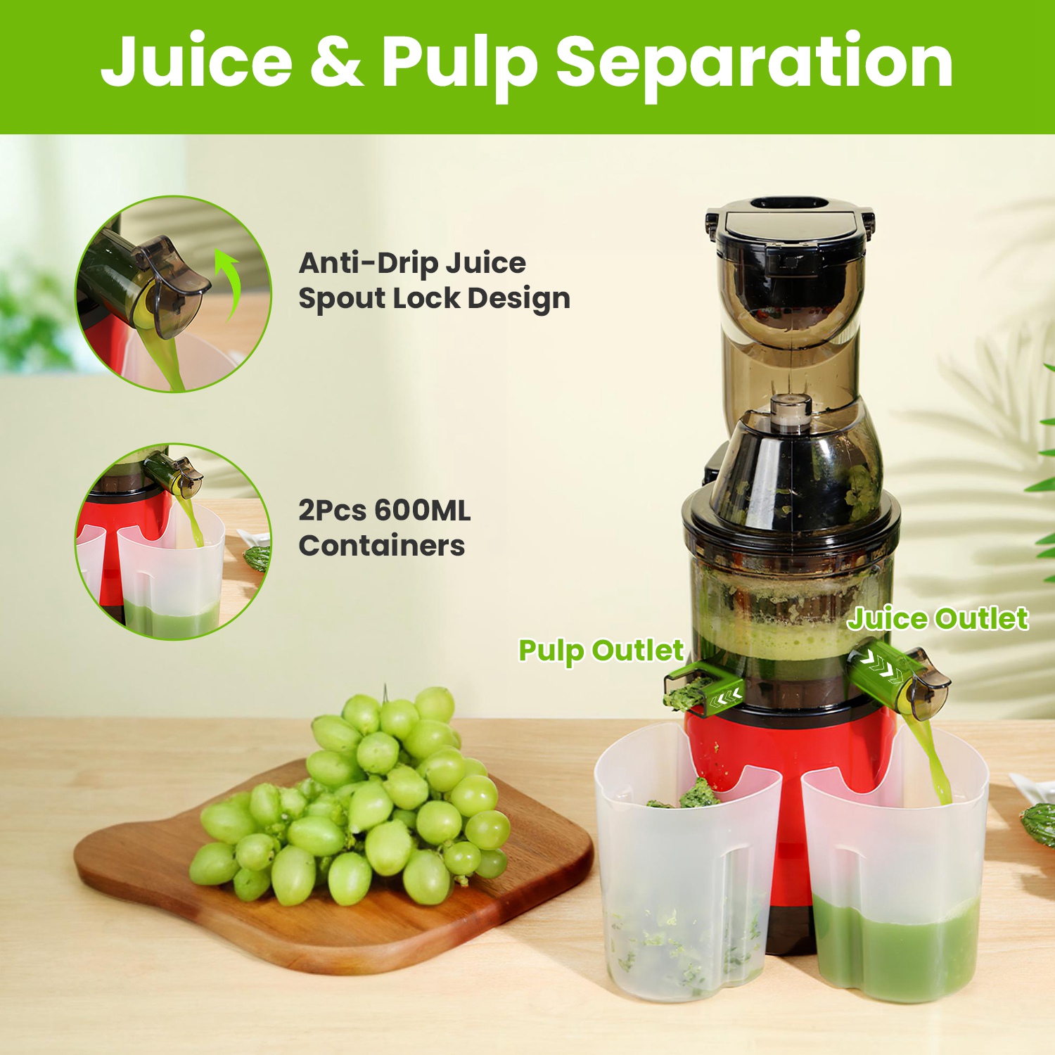 1Pc Cold Press Juicer Machine 300W Electric Slow Masticating Juicer For Whole Vegetable And Fruit With Reverse Function 2 Containers Cleaning Brush Clear Marks Easy Cleaning Fedex Shipping — foto 11