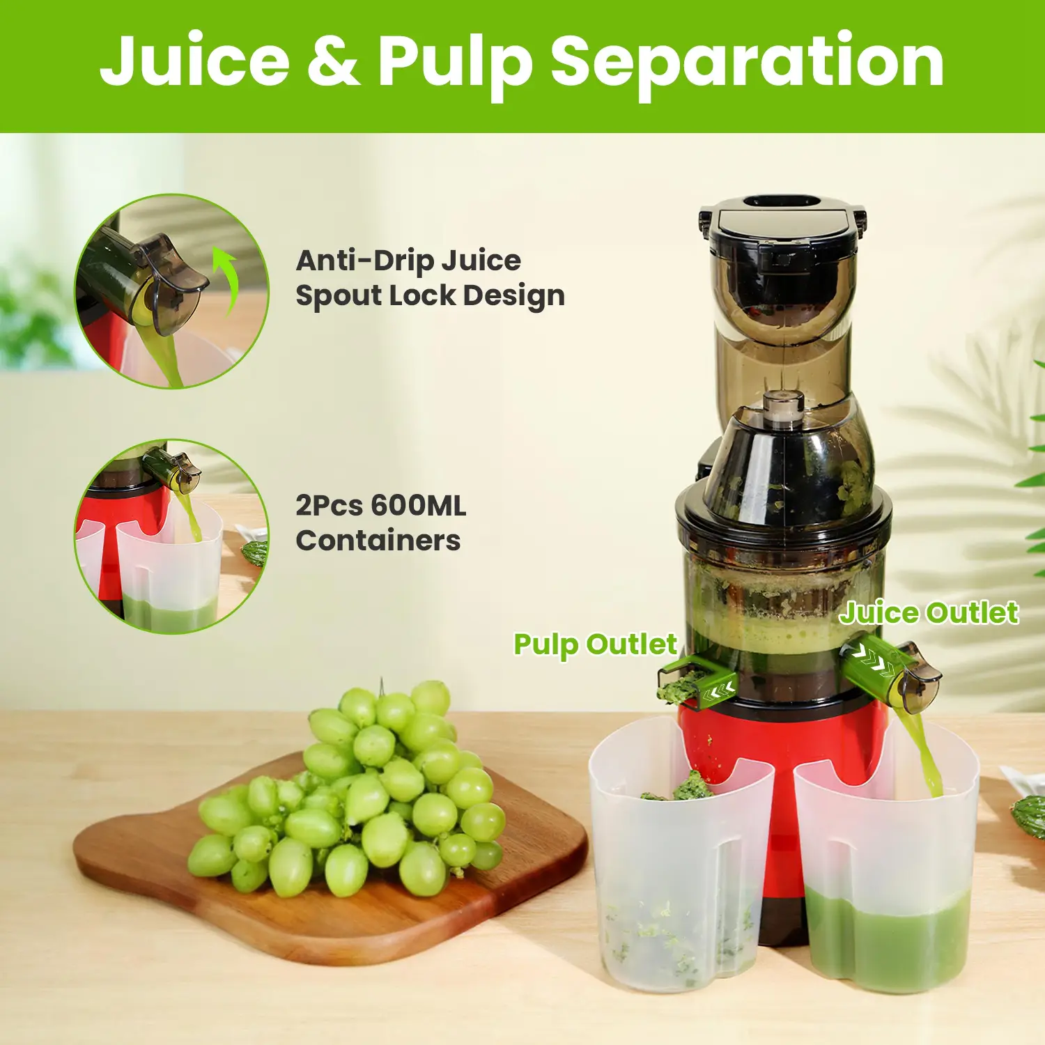 1Pc Cold Press Juicer Machine 300W Electric Slow Masticating Juicer For Whole Vegetable And Fruit With Reverse Function 2 Containers Cleaning Brush Clear Marks 