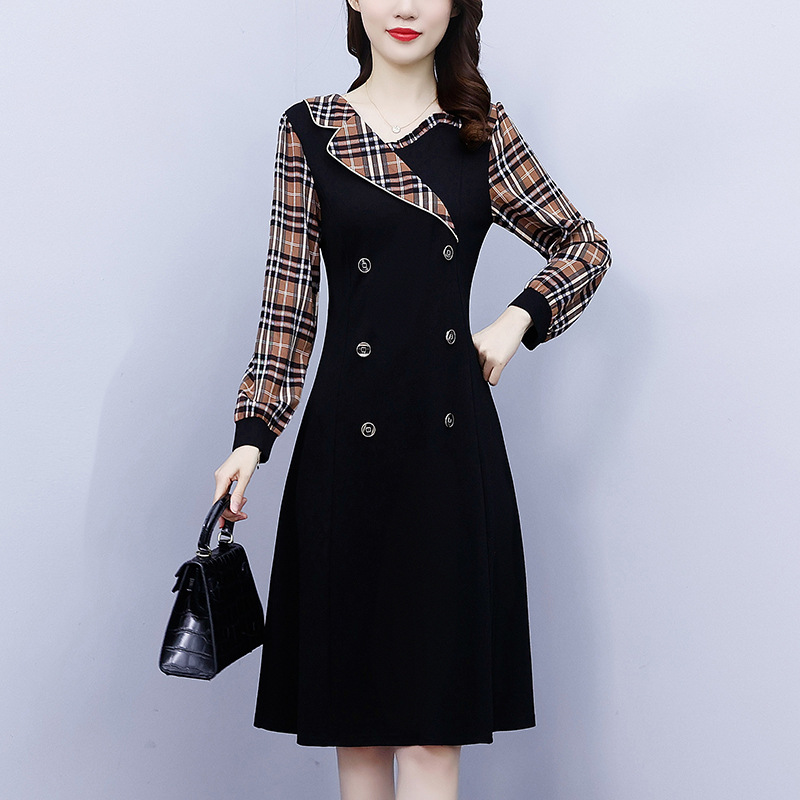 Dress Women"s Spring New Fashion Western Style Suit Collar Fat Mm Lattice Stitching Slim, Medium And Long
