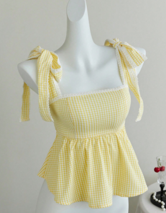 Bow Tie Lace Trim Waist Cinched Peplum Cami Top
