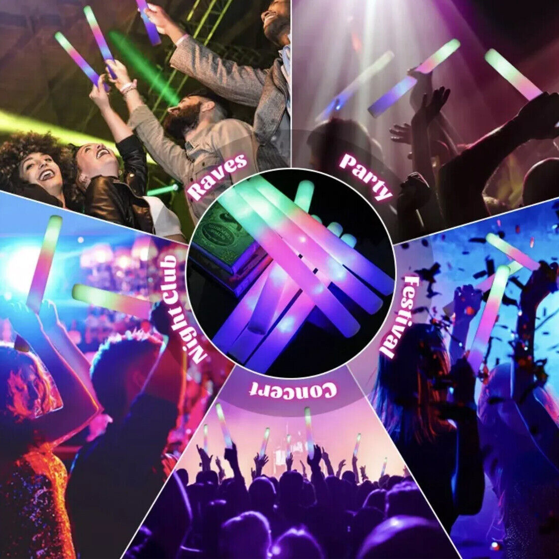 30Pcs LED Foam Stick Flashing MultiColor Glow In Dark White Batons Light Concert 12