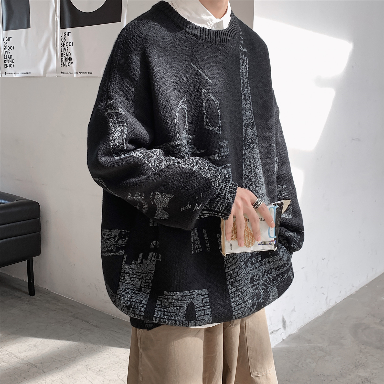 Iron Tower Printed Men's Loose Large Round Neck Sweater