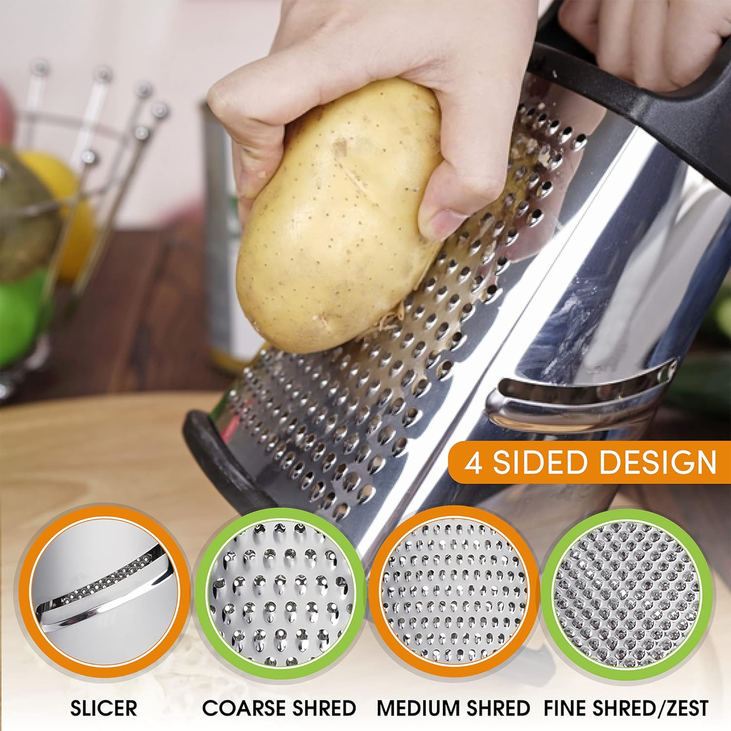 Stainless Steel Cheese Grater 9in 4 Sides, Perfect For Grating Parmesan Cheese, Vegetables, Ginger - Dishwasher Safe, Durable - Random Color