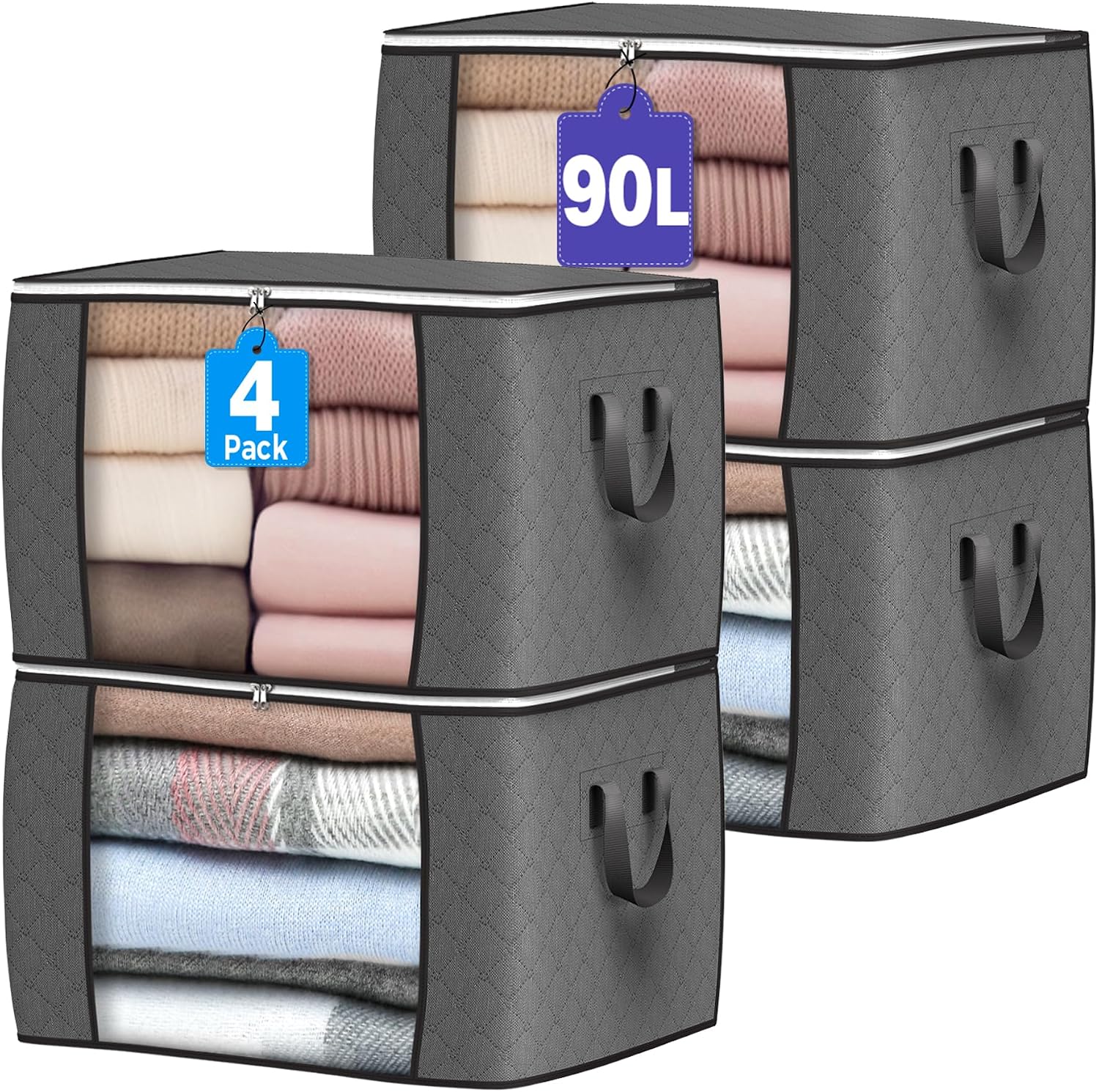 90L Large Storage Bags, Foldable Clothes Storage Bins, Gray Organizer Bags For Blankets, Bedding, Clothing And Home Storage
