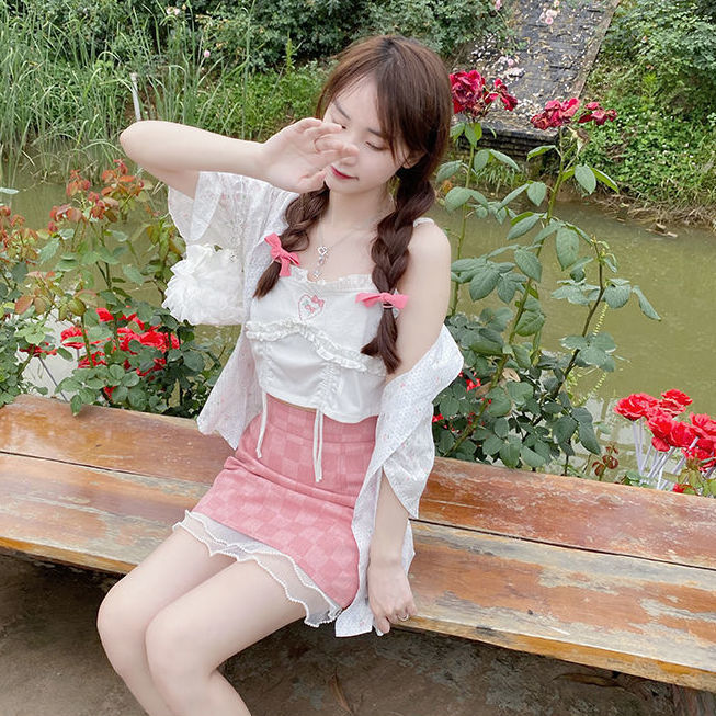 White Creamy Sweet Camisole Female Outer Wear With Fold Drawstring Design Sense