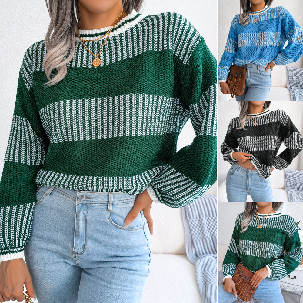 European And American Casual Color Contrast Striped Long-sleeved Knitted Sweater