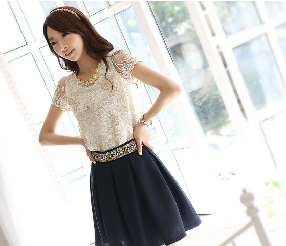 Chiffon Lace Ladies Beaded Print Short Sleeve Net Yarn