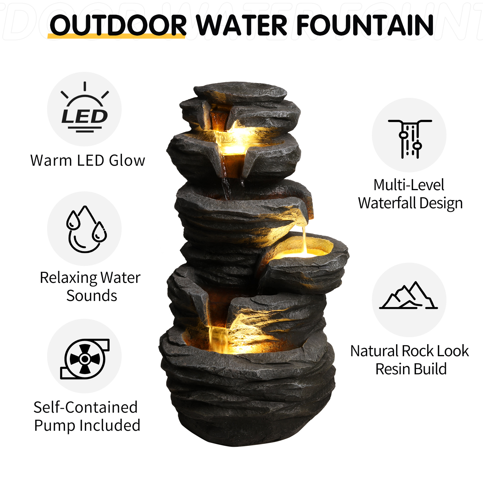 Outdoor Waterfall Fountain With Lights Stacked Rock Cascading Water Feature Resin Garden Decor For Patio Yard Porch Landscape — foto 2