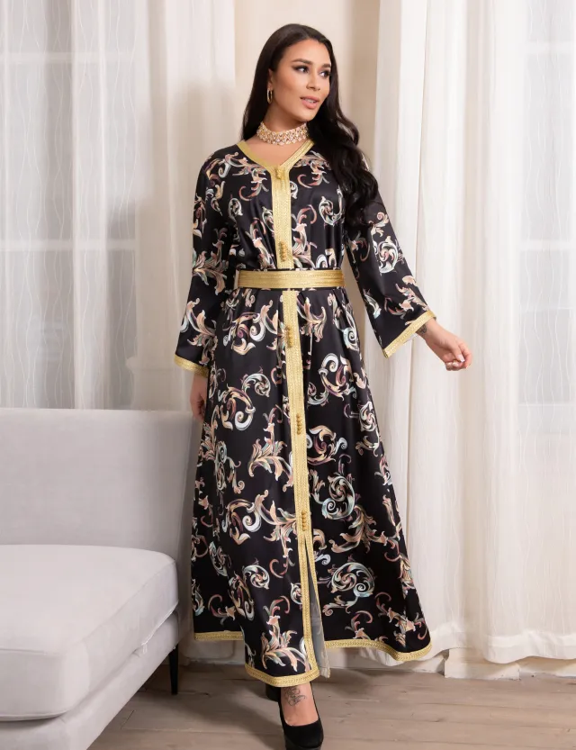 Printed Women's Long Belted Casual Dress Black - Shop at LoveMi