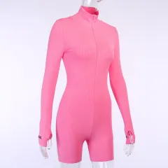 Zipper High Neck Embroidered Sports Short High Elastic Hole Strip Jumpsuit - Pink - View 1