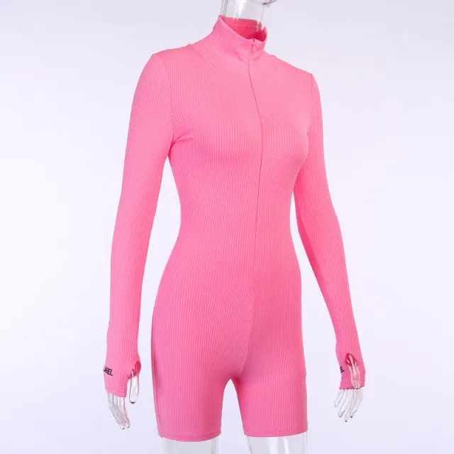 Zipper High Neck Embroidered Sports Short High Elastic Hole Strip Jumpsuit Pink - Shop at LoveMi