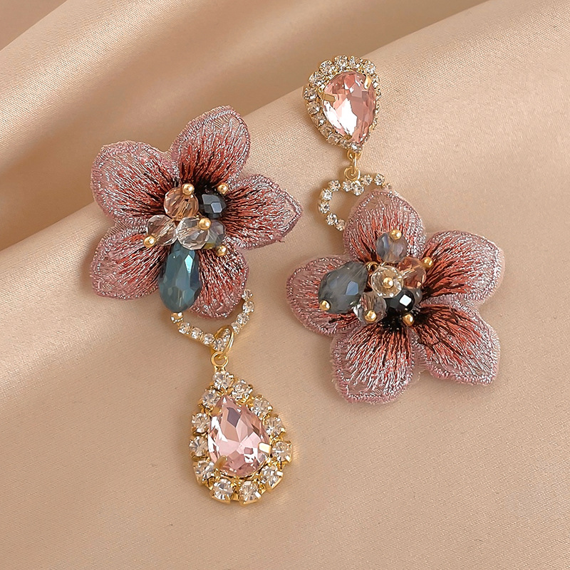 Silver Needle Vintage Asymmetrical Fabric Flower Dangle Earrings For Women French Elegant Jewelry