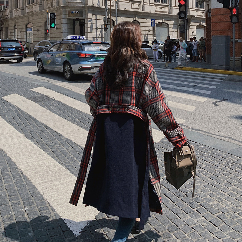 Women's Mid-length Plaid Woolen Coat