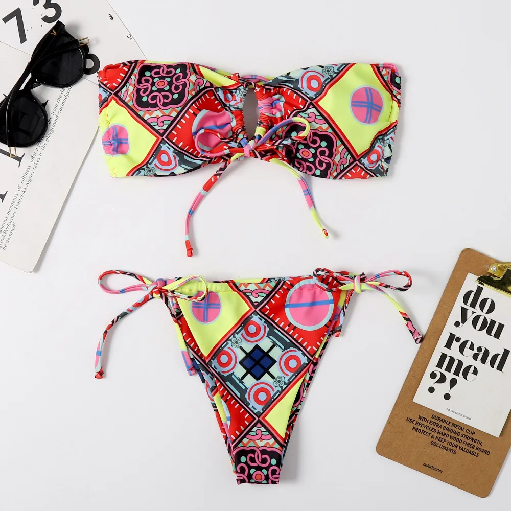 New European And American Printed Split Bikini Swimsuit - Yellow