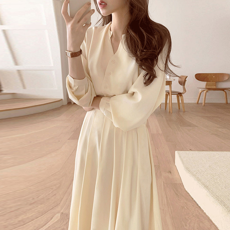 Nipped Waist Long Sleeve Pleated Dress Photo Color - Shop at LoveMi