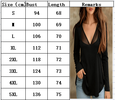Women's V-Neck Long-Sleeve Top with Curved Hem - S to 5XL size chart